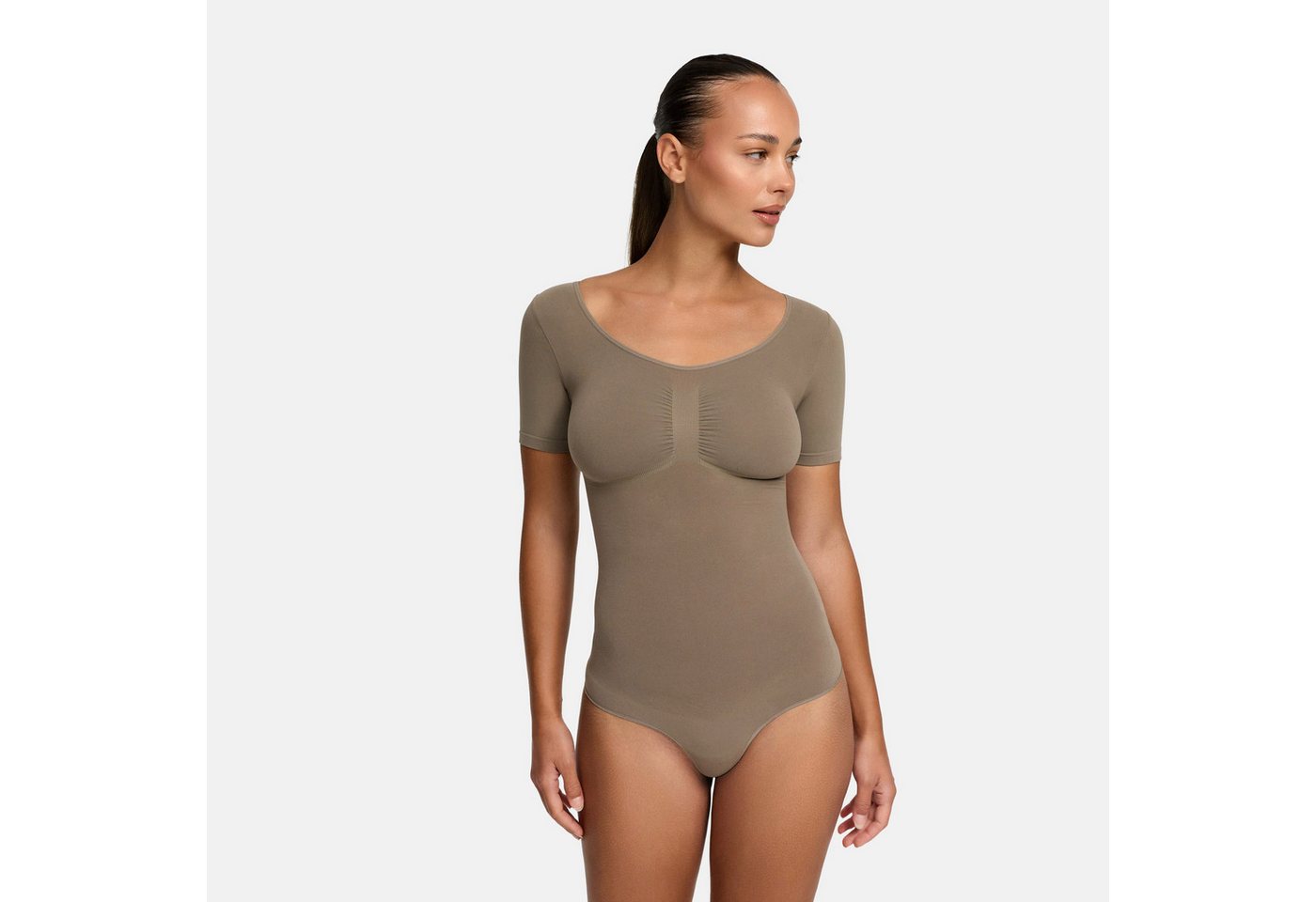 Creamy Fabrics Miederbody T-Shirt Bodysuit Sculpting Shapewear mit String (2)-Taupe-S von Creamy Fabrics