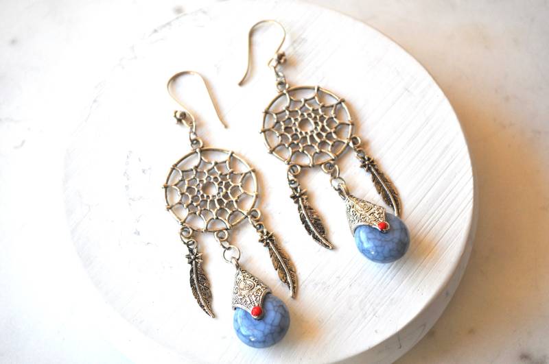 Handgemachte Traumfänger Ohrringe Blaue Edelstein Ohrringe Handgemachte Traumfänger Ohrringe Blaue Edelstein Ohrringe von Creasebysurekha
