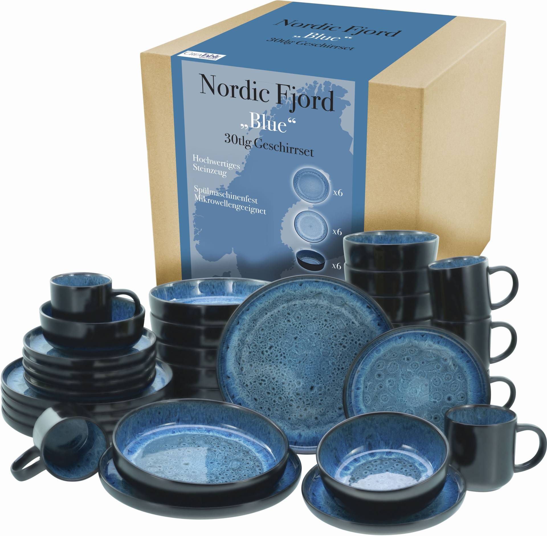 CreaTable Kombiservice "Nordic Fjord" je 6 Speiseteller, Suppenteller, Dessertteller, Schalen, Kaffeebecher CreaTable Kombiservice "Nordic Fjord" je 6 Speiseteller, Suppenteller, Dessertteller, Schalen, Kaffeebecher von Creatable