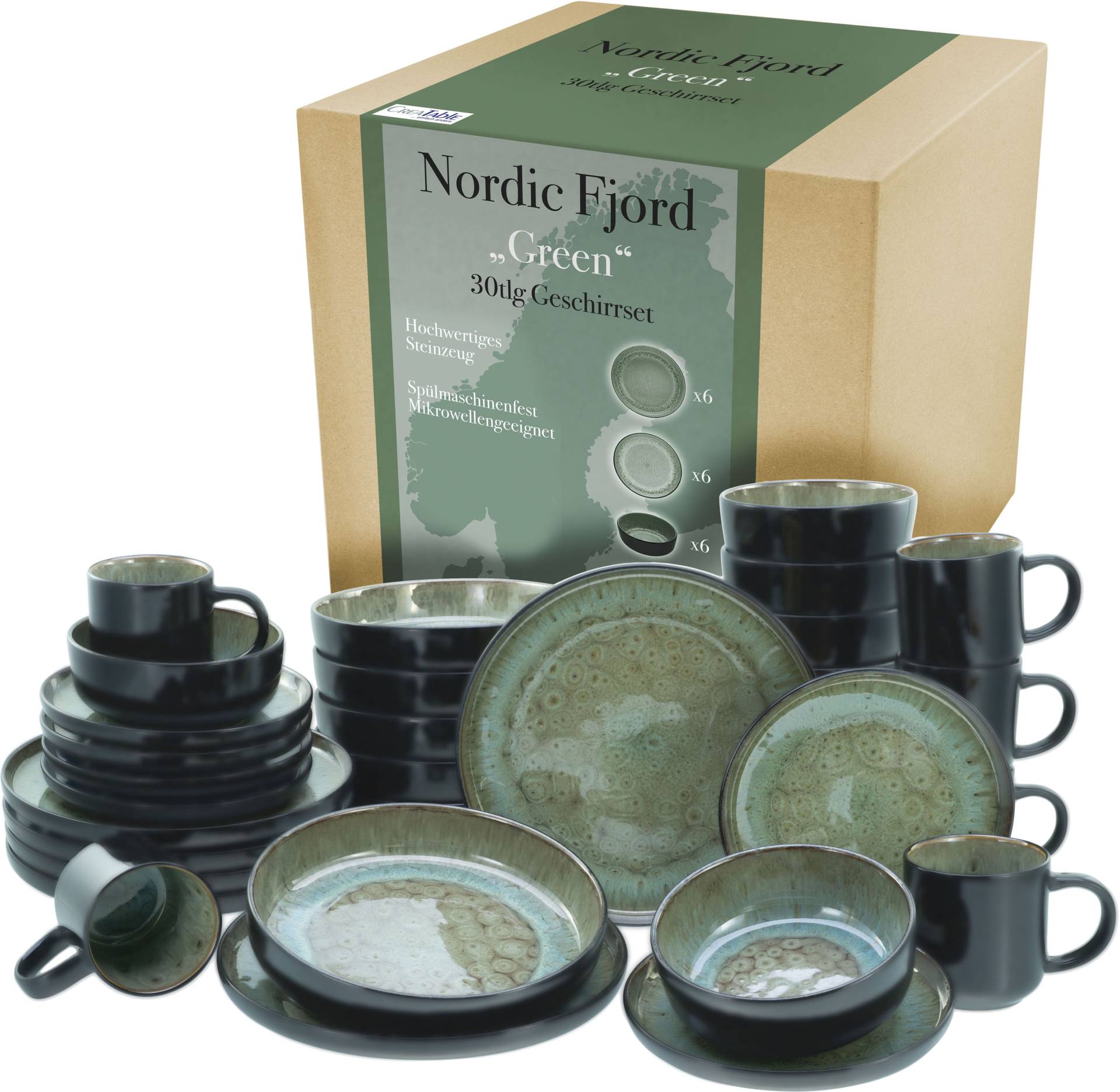 CreaTable Kombiservice "Nordic Fjord" je 6 Speiseteller, Suppenteller, Dessertteller, Schalen, Kaffeebecher CreaTable Kombiservice "Nordic Fjord" je 6 Speiseteller, Suppenteller, Dessertteller, Schalen, Kaffeebecher von Creatable