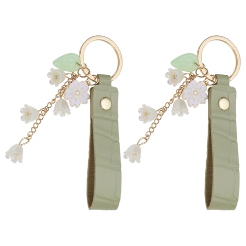 Create idea 2 x Maiglöckchen-Schlüsselanhänger für Autoschlüssel, Leder-Schlüsselanhänger, Handtaschen-Schlüsselanhänger mit grasgrünem Band und goldfarbenem Verschluss (1,7 x 18 cm), grün, 1.7x18 cm von Create idea