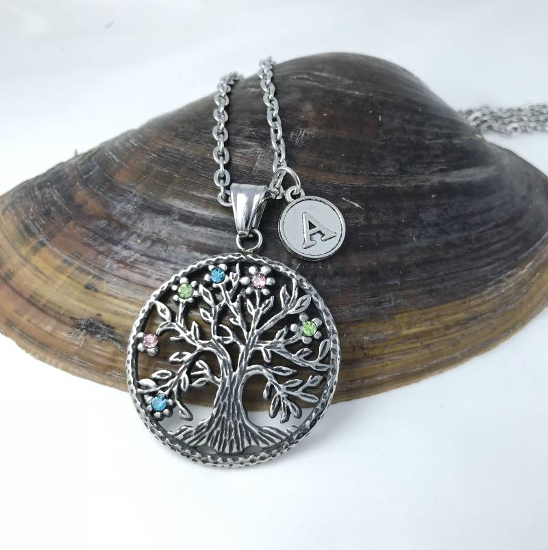 Bunte Strass Lebensbaum Halskette, Monogramm Runde Erste Persönlichkeit Buchstaben Wählen Sie A-Z Buchstabe von CreatioDesign