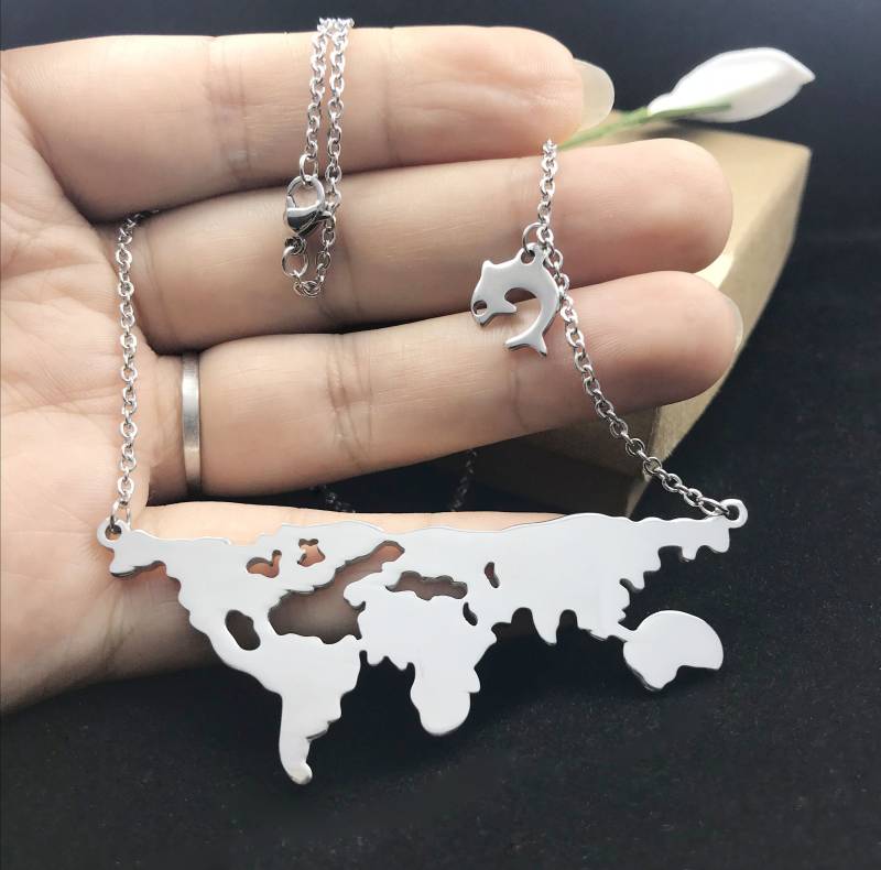 Weltkarte Modell Halskette, Punk Persönlichkeit 18K Gold, Roségold, Edelstahl Karte Delphin Anhänger ， Weihnachtsgeschenke von CreatioDesign