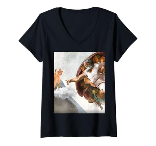 Damen Lustige Kreation von Cat Meme, von Michelangelo T-Shirt mit V-Ausschnitt von Creation of Cat, by Michelangelo