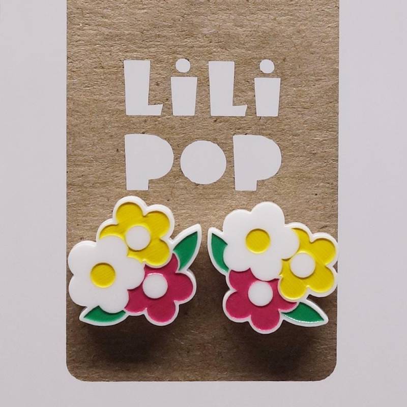 Lili0587 Ohrringe Gelbe, Rosa Und Weiße Blume Aus Recyceltem Kunststoff, Lasergeschnitten, Lilipop von CreationsLilipop