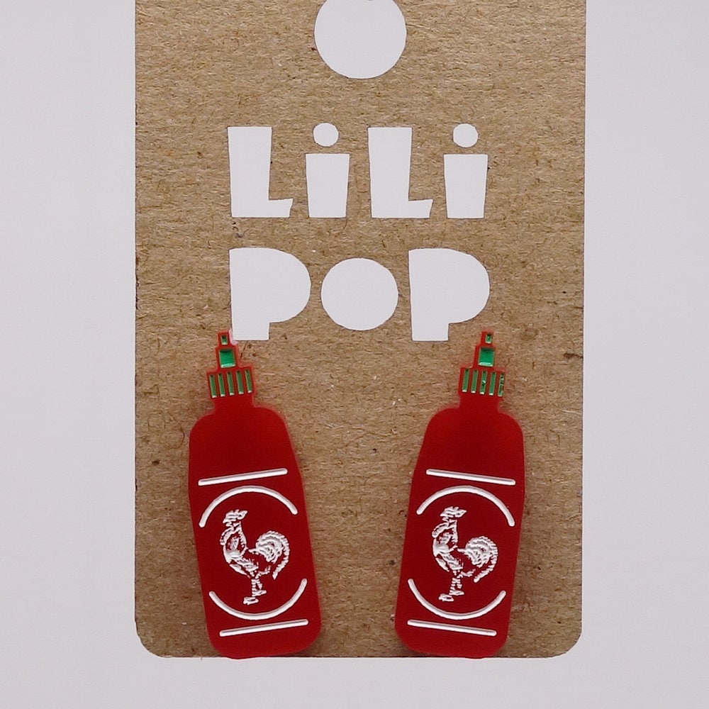 Ohrringe Lili0838 Flasche Mit Scharfer Soße, Roter Hahn, Wiedergewonnener Laser-Lilipop Aus Kunststoff von CreationsLilipop