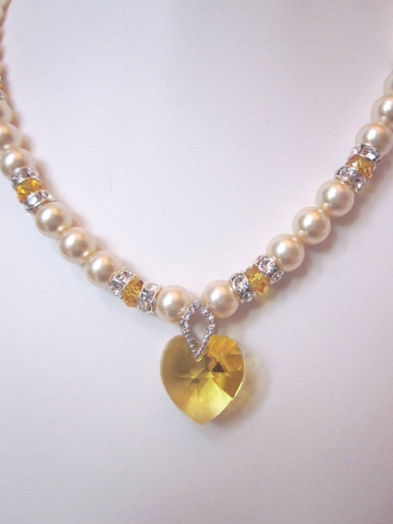 Swarovski Perlenkette Goldenes Gelbes Kristallherz, Brautschmuck von CreationsbyCynthia1