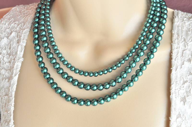 Smaragd Grün Swarovski Glas Perle Und Silber Multistrand Halskette Ohrring Set - Braut von CreationsbyJeanna