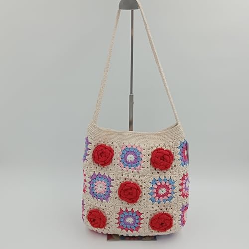 CreativTex Damen Handtasche gehäkelt – Handgefertigte Unikate mit Rosen-Motiv – Alltagstasche mit Futter, Innentasche & Druckknopf – Hochwertige Häkel Tasche für Damen (Rot) von CreativTex