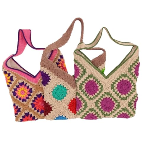 CreativTex Damen Handtasche gehäkelt – Handgefertigte Unikate mit bunten Blumen- & Rosen-Motiven – Alltagstasche mit Innenfutter & Reißverschlussfach – Boho Vintage Häkel Tasche (Lila/Grün) von CreativTex