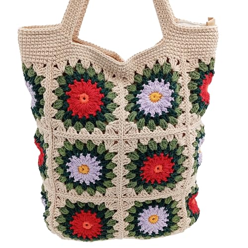 Damen Handtasche gehäkelt – Handgefertigtes Unikat mit Blumenmuster – Ungefütterte Alltagstasche mit stabilem Druckknopf – Boho Vintage Häkel Schultertasche Handmade (Buntes Blumenmuster) von CreativTex