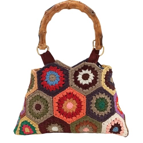 Handtasche gehäkelt Boho Vintage Stil – Damen Tasche mit Bambusgriffen, handgemacht modisch praktisch, bunte Häkelmuster, Unikat Retro Hippie Häkeltasche (Bunt) von CreativTex