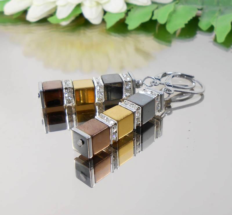 Edelstahl Ohrhänger Hämatit + Strass in Braun Gold Schwarz Klapp Brisur von CreativaCasero