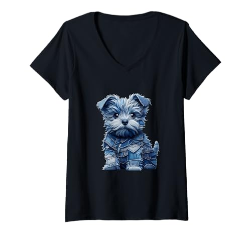 Damen Lustiger Hundeliebhaber im Denim-Patchwork-Design T-Shirt mit V-Ausschnitt von Creative Blue Jean Dog Animal Lover Gift
