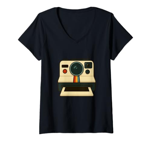 Damen Retro Sofortbildkamera Grafik Vintage Fotografie Design T-Shirt mit V-Ausschnitt von Creative Camera Lovers Apparel Co.