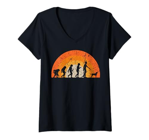 Damen Evolution des Spaziergangs von Mensch zu Hund, Retro-Vintage-Kunst T-Shirt mit V-Ausschnitt Damen Evolution des Spaziergangs von Mensch zu Hund, Retro-Vintage-Kunst T-Shirt mit V-Ausschnitt von Creative Evolution Art Design