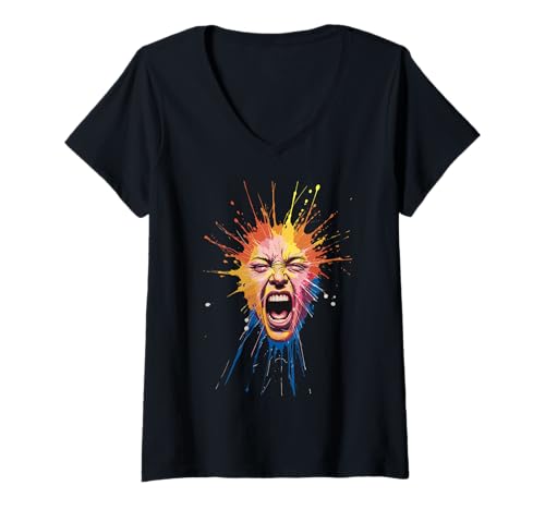 Damen Leuchtende Farbe Scream Face T-Shirt mit V-Ausschnitt Damen Leuchtende Farbe Scream Face T-Shirt mit V-Ausschnitt von Creative Expression Abstract Pop Art