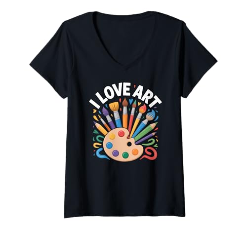 Damen I Love Art Bunte Pinselpalette T-Shirt mit V-Ausschnitt Damen I Love Art Bunte Pinselpalette T-Shirt mit V-Ausschnitt von Creative Expression Artful Palette