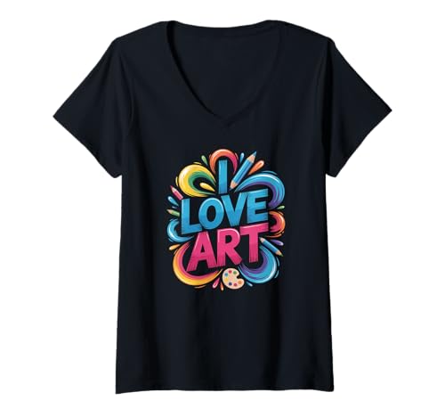 Damen I Love Art Buntstift-Palette T-Shirt mit V-Ausschnitt Damen I Love Art Buntstift-Palette T-Shirt mit V-Ausschnitt von Creative Expression Colorful Inspiration Vibes