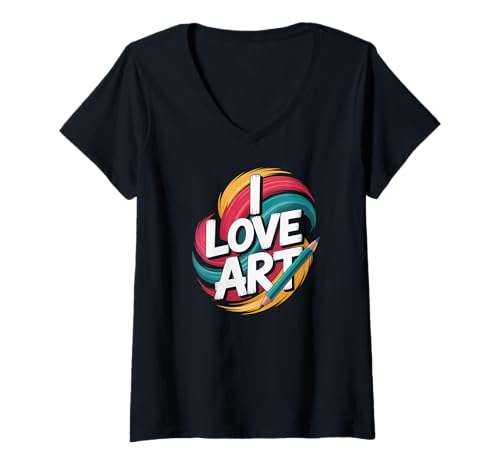 Damen I Love Art Vibrant Painterly Stroke Bleistift Passion T-Shirt mit V-Ausschnitt Damen I Love Art Vibrant Painterly Stroke Bleistift Passion T-Shirt mit V-Ausschnitt von Creative Expression Colorful Pencil Painted Swirls