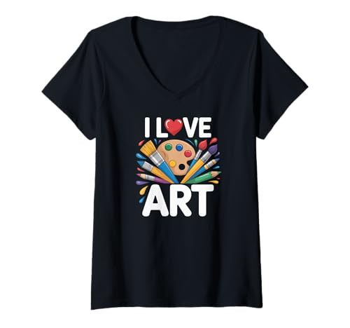 Damen I Love Art Pinsel Palette Farben T-Shirt mit V-Ausschnitt von Creative Expression Colors Brushes Palette