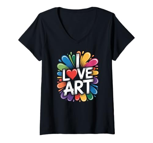 Damen Aussage „Ich Liebe Kunst“, farbenfroher Ausdruck T-Shirt mit V-Ausschnitt von Creative Expression Enthusiast Art Appreciation