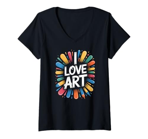 Damen I Love Art Buntes Bleistift-Design T-Shirt mit V-Ausschnitt Damen I Love Art Buntes Bleistift-Design T-Shirt mit V-Ausschnitt von Creative Expression Enthusiast Art Lover