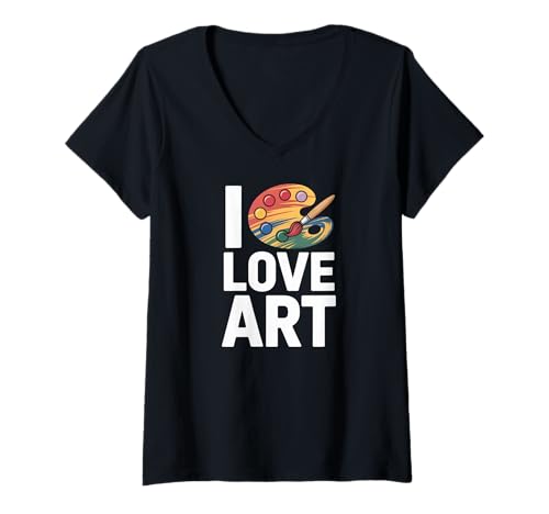 Damen I Love Art Bunte Pinselpalette Passion T-Shirt mit V-Ausschnitt von Creative Expression Enthusiast Palette