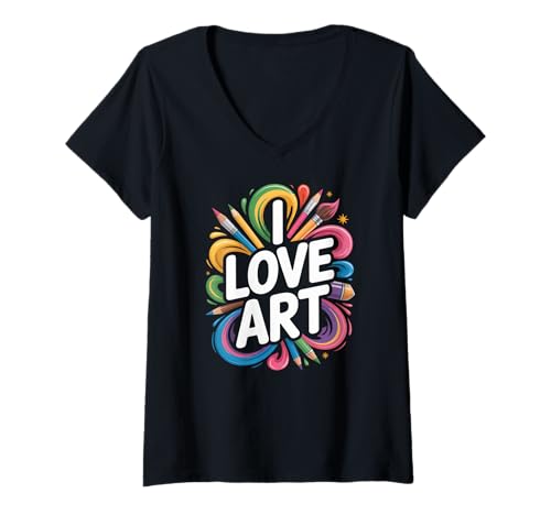 Damen I Love Art Vibrant Brushes Bunte Bleistifte Herzlich T-Shirt mit V-Ausschnitt von Creative Expression Enthusiasts Art Lovers