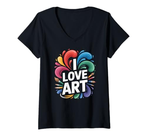 Damen Ich Liebe Kunst, farbenfrohes Splash-Design T-Shirt mit V-Ausschnitt Damen Ich Liebe Kunst, farbenfrohes Splash-Design T-Shirt mit V-Ausschnitt von Creative Expression Enthusiasts Art Passion