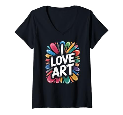Damen Ich Liebe Kunst, Kreativität, Color Splash T-Shirt mit V-Ausschnitt Damen Ich Liebe Kunst, Kreativität, Color Splash T-Shirt mit V-Ausschnitt von Creative Expression Enthusiasts Palette