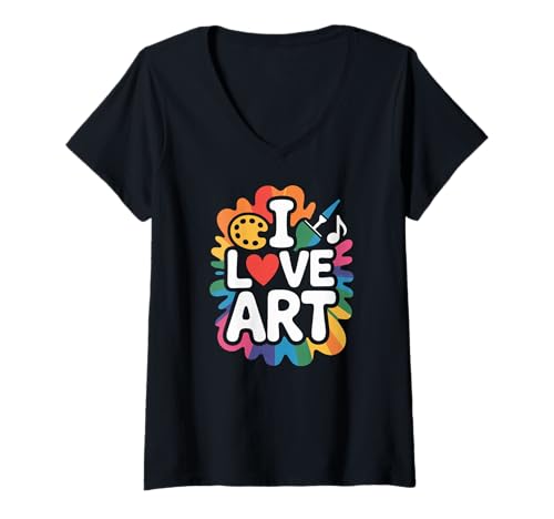 Damen I Love Art Bunte Kreativität Ausdruck T-Shirt mit V-Ausschnitt Damen I Love Art Bunte Kreativität Ausdruck T-Shirt mit V-Ausschnitt von Creative Expression Enthusiasts Worldwide