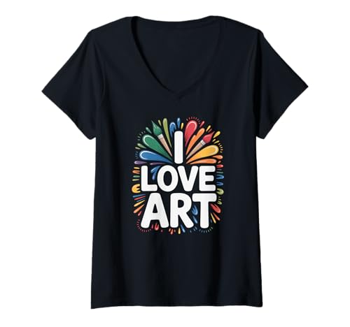 Damen I Love Art Creative Pinselspritzer T-Shirt mit V-Ausschnitt Damen I Love Art Creative Pinselspritzer T-Shirt mit V-Ausschnitt von Creative Expression Painting Brush Strokes