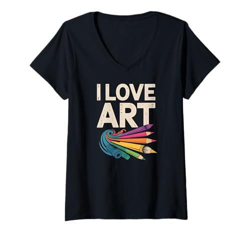 Damen I Love Art Buntstifte Ausdruck T-Shirt mit V-Ausschnitt Damen I Love Art Buntstifte Ausdruck T-Shirt mit V-Ausschnitt von Creative Expression Passion Vibrant Colors