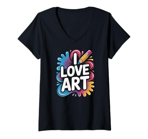 Damen Ich Liebe Kunst, lebendiges Bleistift-Splash-Design T-Shirt mit V-Ausschnitt Damen Ich Liebe Kunst, lebendiges Bleistift-Splash-Design T-Shirt mit V-Ausschnitt von Creative Expression Passion for Colors