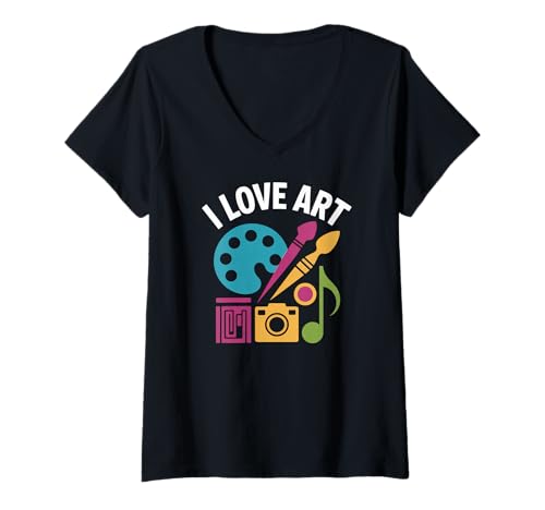 Damen I Love Art Palettenpinsel Musikkamera T-Shirt mit V-Ausschnitt von Creative Expression Passionate Art Soul