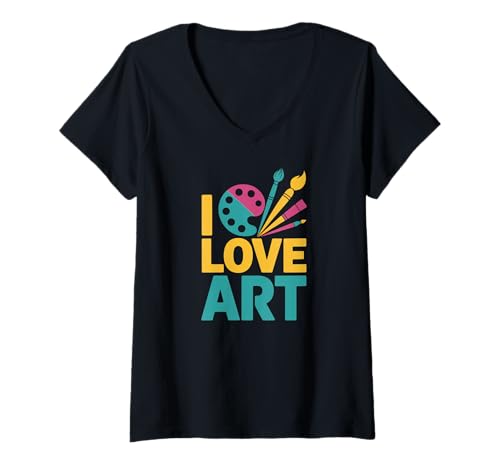 Damen I Love Art Bunte Palettenpinsel T-Shirt mit V-Ausschnitt Damen I Love Art Bunte Palettenpinsel T-Shirt mit V-Ausschnitt von Creative Expression Passionate Artists