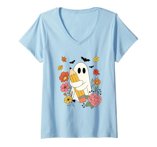 Damen Geist mit Bleistift umgeben von Blumen T-Shirt mit V-Ausschnitt Damen Geist mit Bleistift umgeben von Blumen T-Shirt mit V-Ausschnitt von Creative Ghost Pencil Autumn Vibes