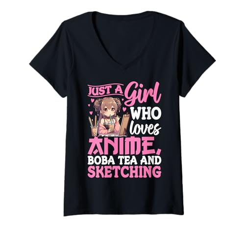 Damen Anime Boba Tea Skizzieren Mädchen Pastell Kunst Design T-Shirt mit V-Ausschnitt Damen Anime Boba Tea Skizzieren Mädchen Pastell Kunst Design T-Shirt mit V-Ausschnitt von Creative Kawaii Artist Wear