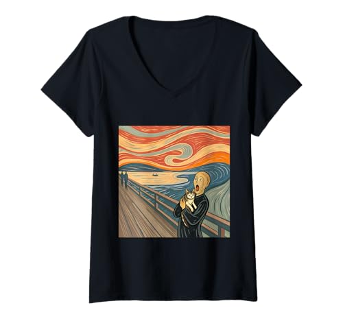 Damen Die Scream-Parodie mit Katze Lustiges surreales Kunstwerk T-Shirt mit V-Ausschnitt Damen Die Scream-Parodie mit Katze Lustiges surreales Kunstwerk T-Shirt mit V-Ausschnitt von Creative Pop Art Collective