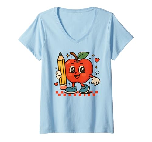 Damen Niedlicher Retro-Bleistift, Apfel mit Gesicht, trendig T-Shirt mit V-Ausschnitt Damen Niedlicher Retro-Bleistift, Apfel mit Gesicht, trendig T-Shirt mit V-Ausschnitt von Creative School Cartoon Apple Fun Graphic Tees