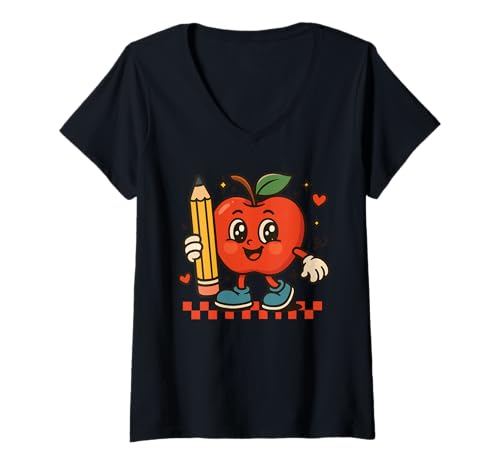 Damen Niedlicher Retro-Bleistift, Apfel mit Gesicht, trendig T-Shirt mit V-Ausschnitt von Creative School Cartoon Apple Fun Graphic Tees