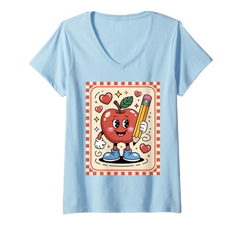 Damen Niedlicher Retro-Bleistift, Apfel mit Gesicht, trendig T-Shirt mit V-Ausschnitt Damen Niedlicher Retro-Bleistift, Apfel mit Gesicht, trendig T-Shirt mit V-Ausschnitt von Creative School Cartoon Apple Fun Graphic Tees