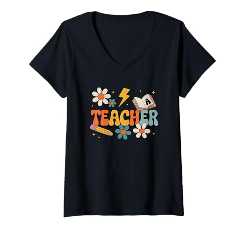 Damen Lehrer-Bleistiftbuch Gänseblümchen Lightning Bolt T-Shirt mit V-Ausschnitt von Creative Teacher Education Inspiration