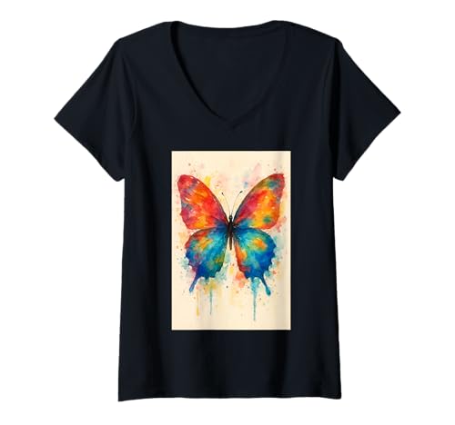 Damen Regenbogen-Schmetterling Aquarell-Kunstwerk T-Shirt mit V-Ausschnitt Damen Regenbogen-Schmetterling Aquarell-Kunstwerk T-Shirt mit V-Ausschnitt von Creative Wings