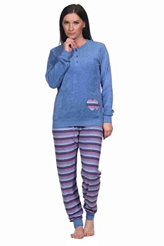 Creative by Normann Damen Frottee Pyjama mit Knopfleiste, Langarm, Uni OT mit Herz-Applikation, Hose in Ringel-Optik, Blau, 69622, Gr. L 44/46 von Creative by Normann