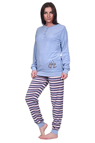 Creative by Normann Damen Frottee Pyjama mit Knopfleiste, Langarm, Uni Oberteil Katzen, Hose in Ringel-Optik, Blau, 69217, Gr. L 44/46 von Creative by Normann