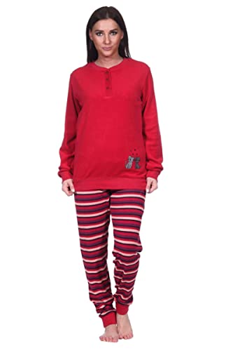 Creative by Normann Damen Frottee Pyjama mit Knopfleiste, Langarm, Uni Oberteil Katzen, Hose in Ringel-Optik, Rot, 69217, Gr. S 36/38 von Creative by Normann