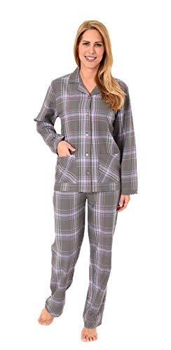 Damen Flanell Pyjama Langarm Schlafanzug in Karierter Optik- 61810, Farbe:dunkelgrau, Größe:44/46 von Creative by Normann