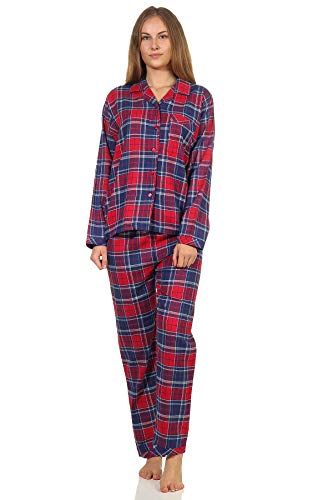 Damen Flanell Pyjama Schlafanzug kariert mit Knopfleiste und Hemdkragen - 202 201 15 600, Farbe:Karo blau, Größe:36/38 von Creative by Normann